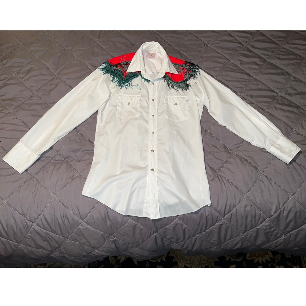 Vintage H Bar C Ranchwear Western Shirt‎ White Red Yoke Green Fringe Pearl Snaps